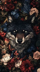 Gentle wolf guardian nestled in a lush twilight flower garden.