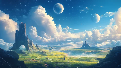 Expansive alien valley under twin moons with volumetric clouds