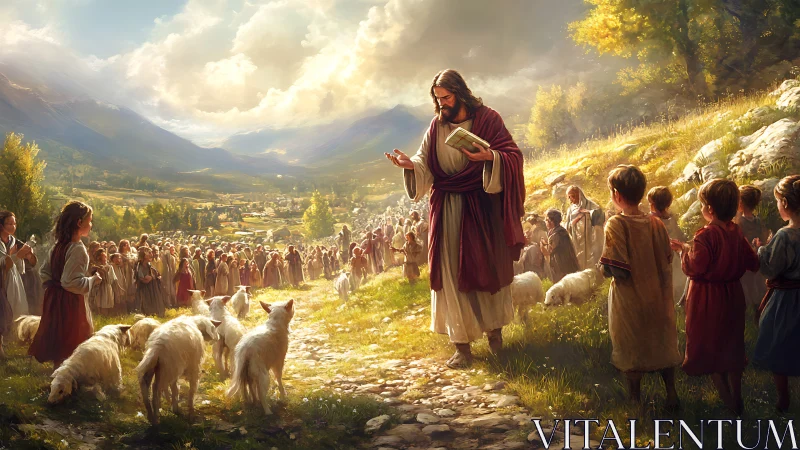 Religious teacher walking with crowd, children and livestock.