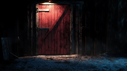 Weathered red barn door under single harsh night light.