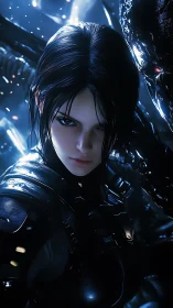 Armored female figure in blue-lit sci-fi combat setting.