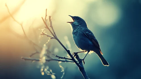 Songbird on Branch in Soft Sunrise Light, Artistic Nature Photo.