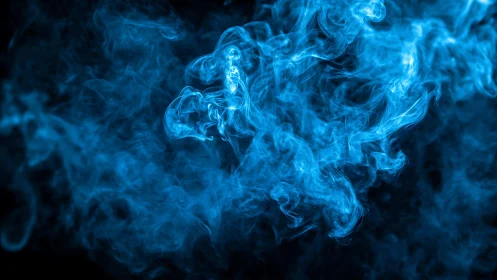 Abstract swirling blue smoke on black background, digital art style.