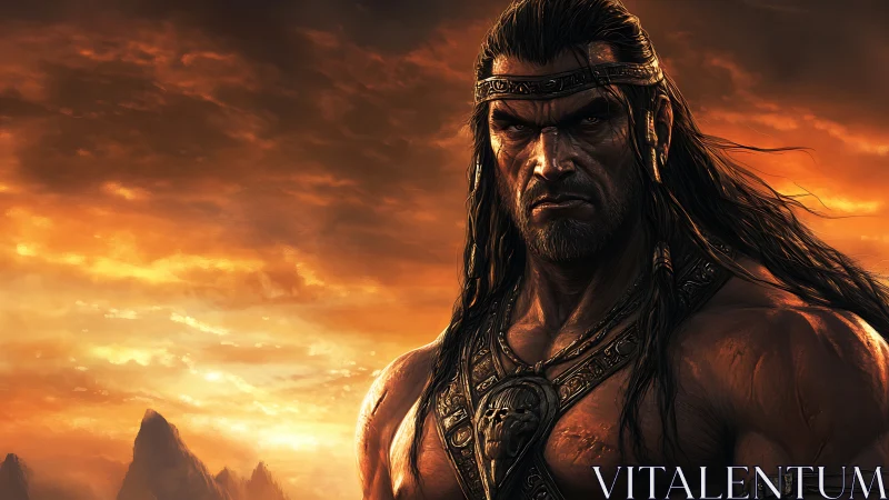 Warrior stands against stormy sunset sky with fierce resolve