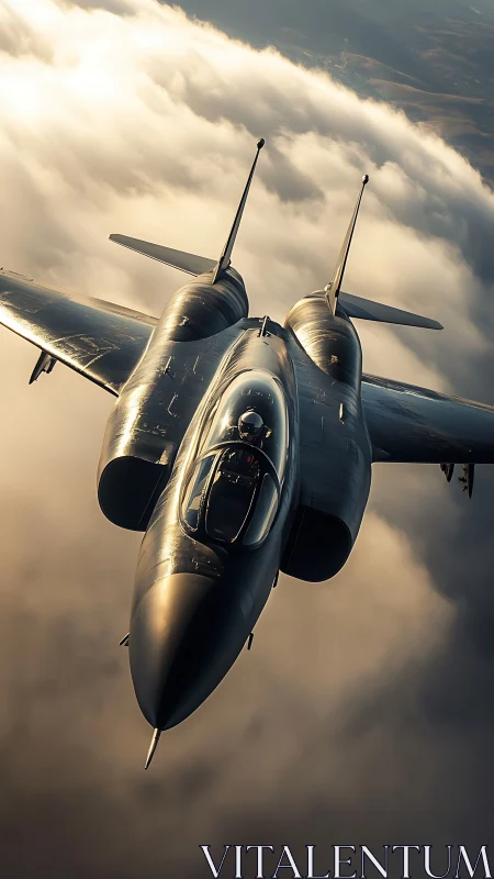 Sleek fighter jet gliding above sunlit clouds in calm sky.