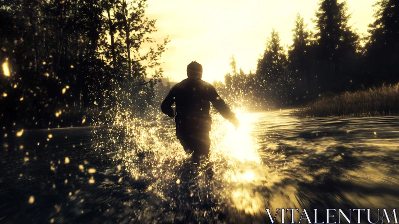 Silhouetted runner splashes through glowing river at dusk.