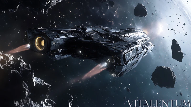 Large spacecraft traversing asteroid field in deep space.