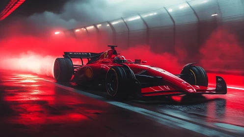Red formula race car accelerates through neon tunnel haze