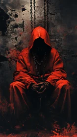Hooded chained figure in red cloak against decayed concrete wall