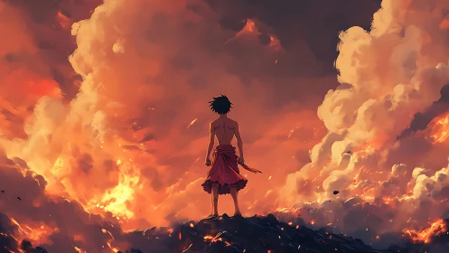 Lone figure observes burning horizon under towering clouds