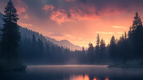 Misty pine forest lake reflects vivid mountain sunrise sky