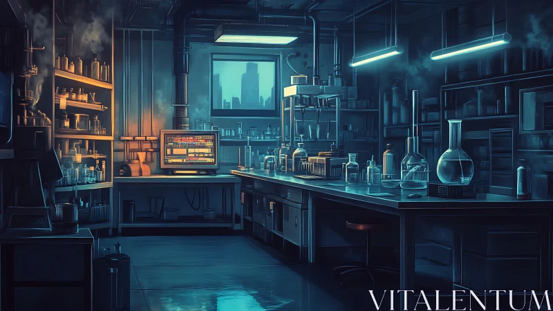 Futuristic laboratory glows under cool neon industrial lights