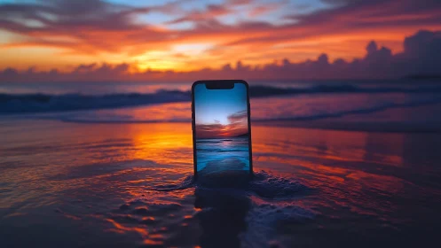 Smartphone placed in shallow surf during saturated sunset