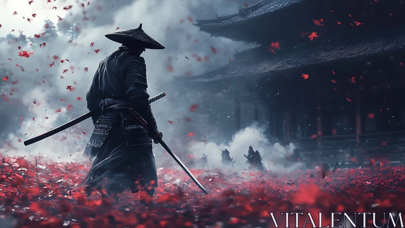 Digital painting of lone samurai in scarlet leaf temple field.