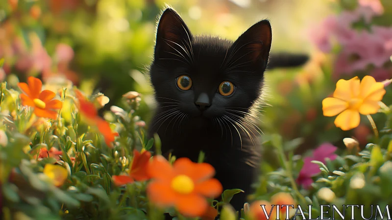 Ebony Kitten Emerges Amid Wildflower Garden Blooms.