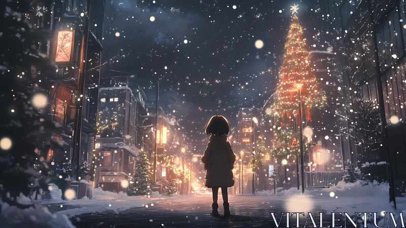 Child observing illuminated city street and winter tree.