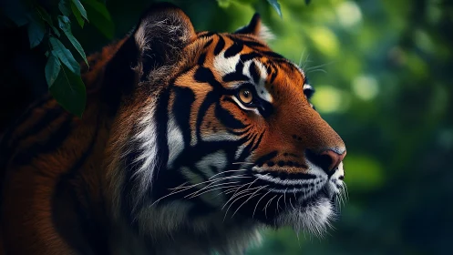 Photorealistic tiger profile in soft jungle bokeh lighting.