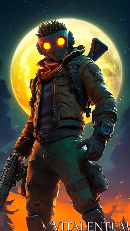 Masked figure with glowing eyes before full moon at dusk.