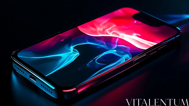 Glowing smartphone with vibrant neon waves of color at rest.