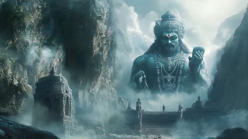 Titanic mountain deity guards mist shrouded stone temple