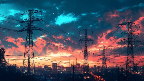 Digital painting of powerlines over neon sunset skyline grid.