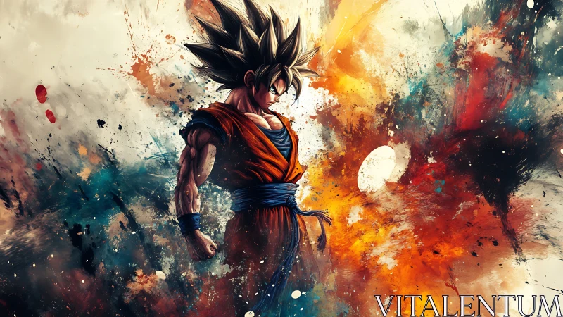 Powerful anime warrior stands amid explosive painted energy