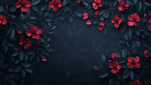 Red Flowers Dancing Through Deep Blue Shadows.