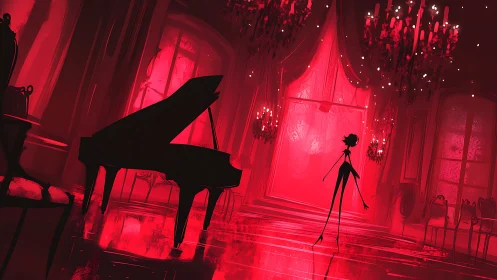 Scarlet-lit ballroom isolates silhouetted pianist and grand piano