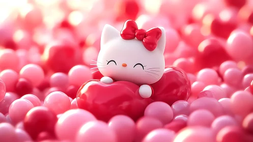 Hello Kitty with Red Bow on Heart Among Pink Spheres.