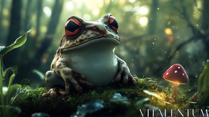 Whimsical forest frog gazes calmly beside a glowing mushroom