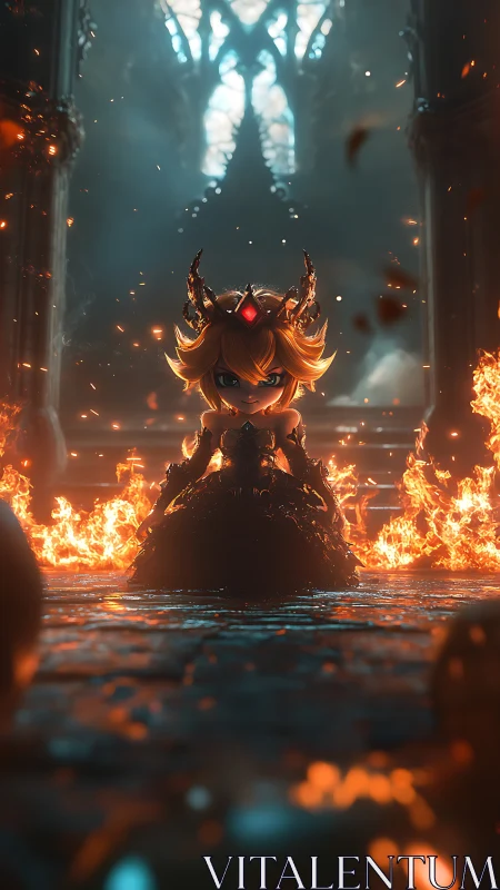 Chibi infernal monarch in cathedral-scale volumetric firefield.