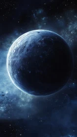 Frozen midnight planet drifting through sapphire nebulae.