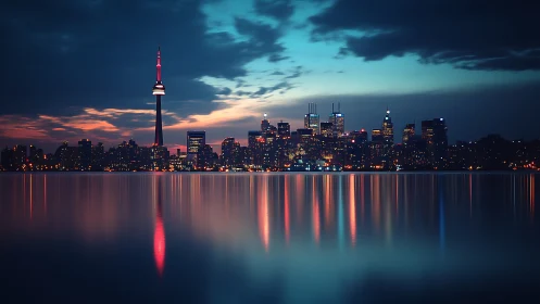 City skyline at dusk with soft lights reflected on water.