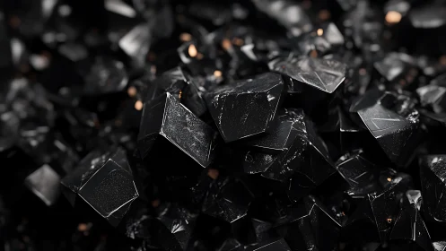 Macro rendering of glossy black crystalline shards with bokeh highlights