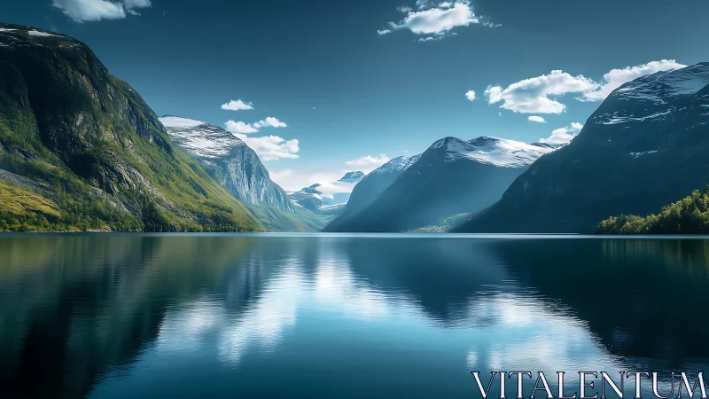 Mountain lake with reflective water and distant snowcaps.