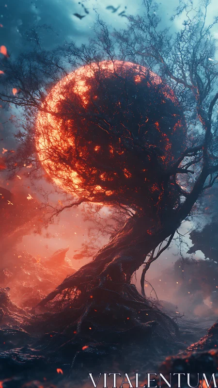 Twisted barren tree encasing glowing red celestial sphere.