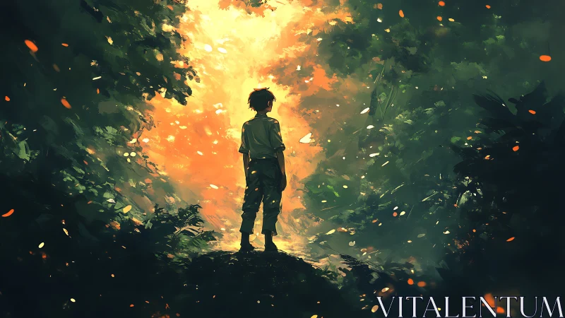 Silhouetted child confronts luminous forest clearing in dusk glow