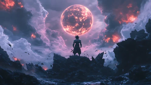 Warrior Silhouette Before Volcanic Celestial Sphere Storm.