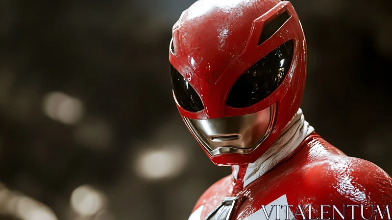 Crimson armored hero gazes forward with polished resolve.