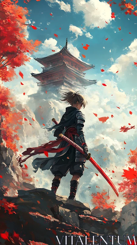 Crimson samurai gazing toward a misty mountain temple.