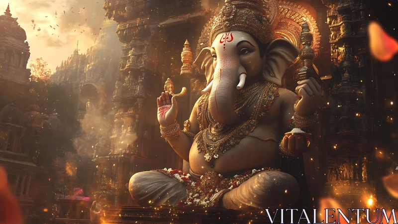 Luminous Ganesh monument amid volumetric temple aerosols.