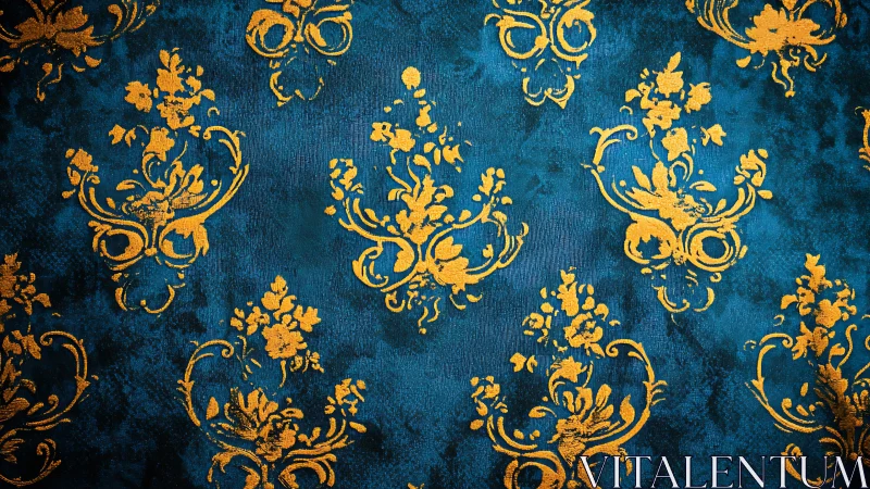 Baroque floral damask in metallic gold on teal ground.