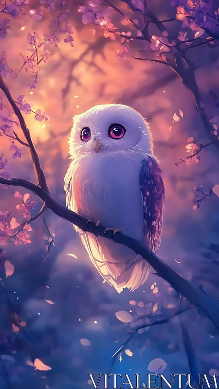 Dreamlit owl amid sakura branches in soft bokeh glow.