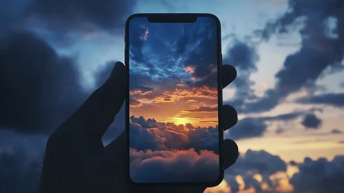Photorealistic smartphone portal framing a vivid cloudscape.