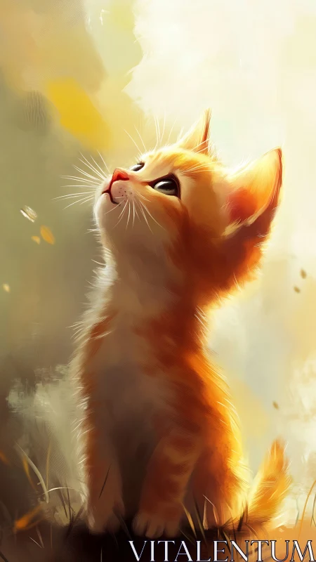 Golden kitten gazes upward in radiant, dreamy light.