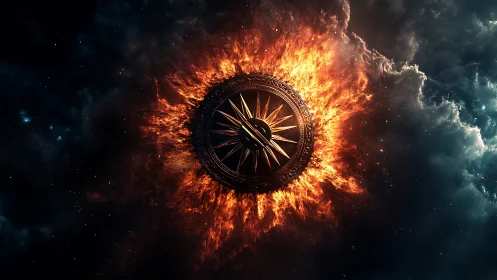 Radial brass compass encircled by solar plasma ring in deep space