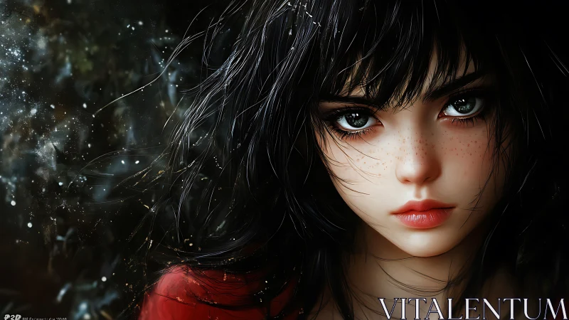 Freckled girl portrait with luminous eyes in stormlight.