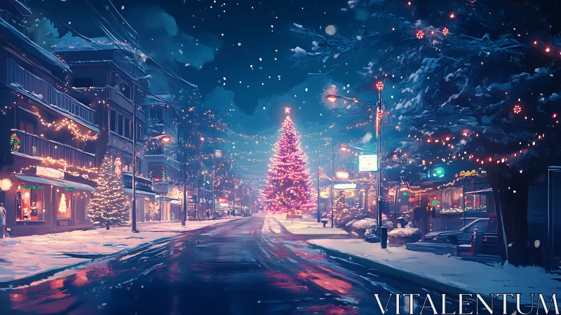 Snowy small-town street frames luminous central Christmas tree