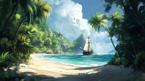 Tropical Haven: Sailing Ship Emerges Through Paradise Cove.
