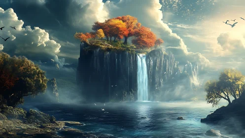 Floating Island Basalt Plateau with Cascading Waterfall and Autumn Canopy